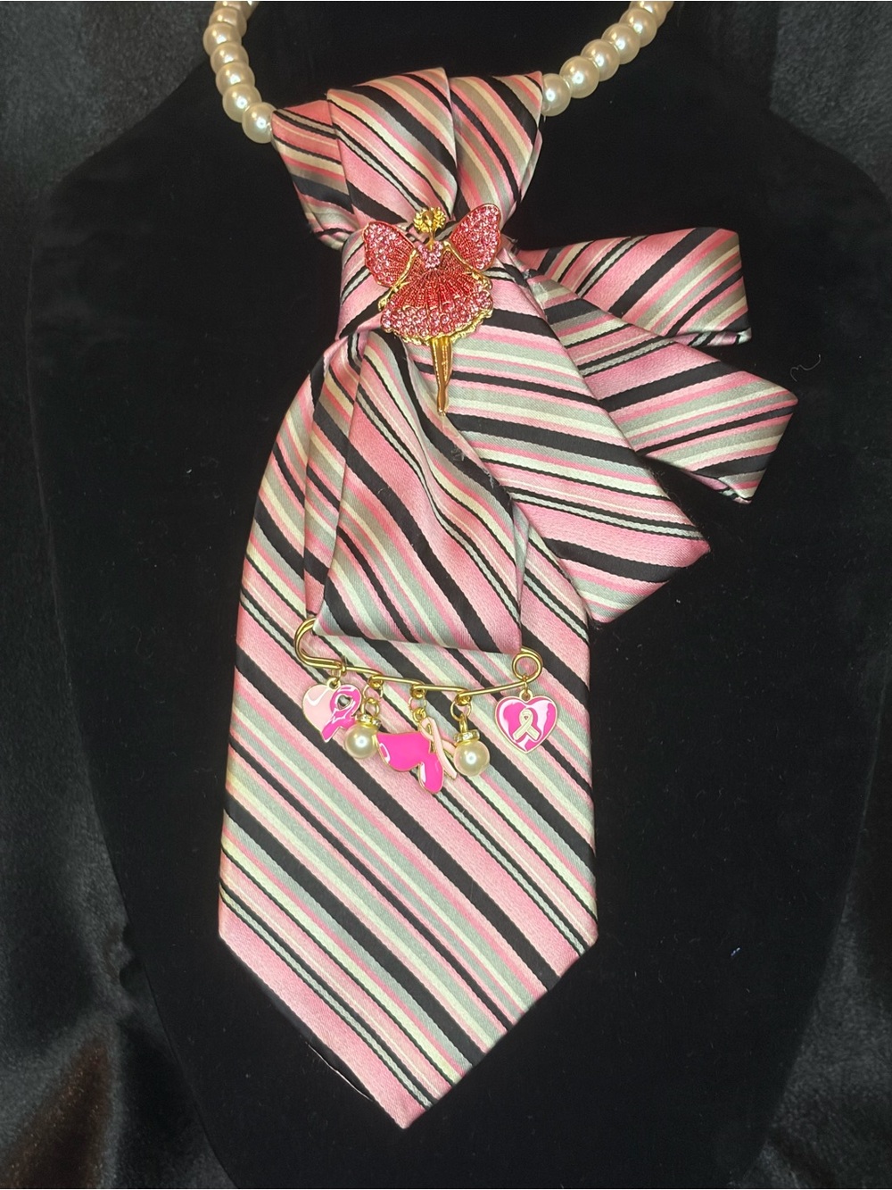 Striped Pink Bow Scarf with Ballerina Brooch and Charm Pin